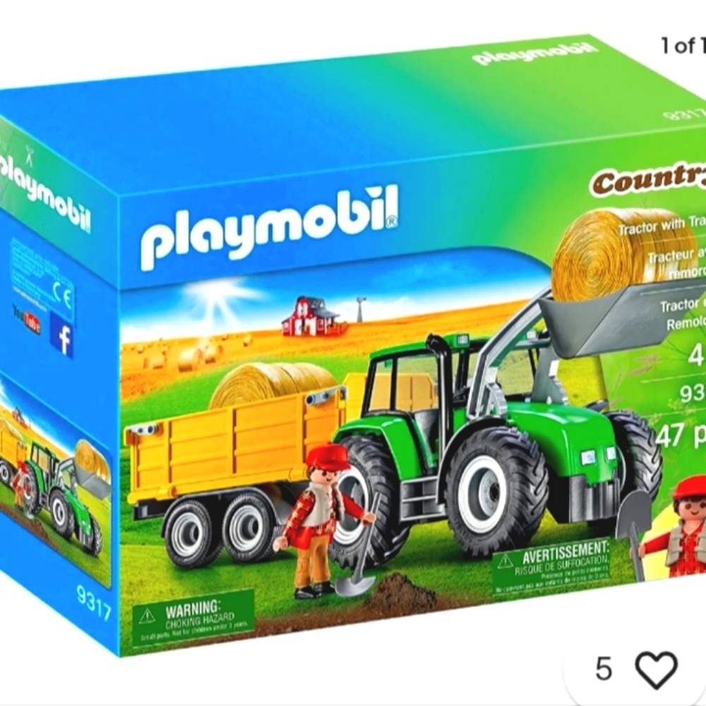 Playmobil Farmer with Green Tractor, Yellow Trailer, & Hay Bales